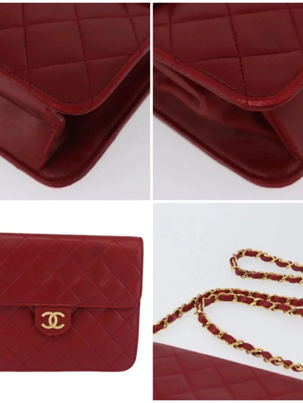 CHANEL Matelasse Chain Shoulder Bag Lamb Skin Red Gold CC Auth YKZ368